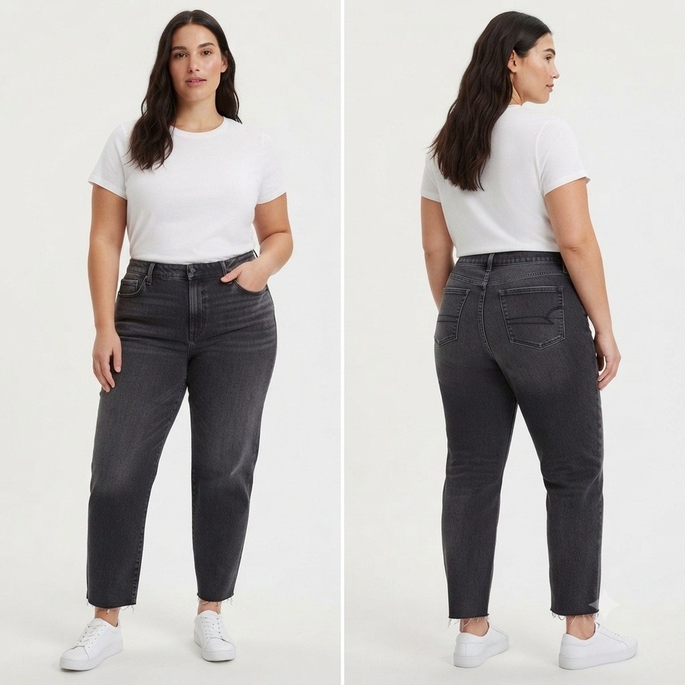American Eagle Barrel Jeans Womens 16 Long Black Mid Rise Stretch Raw Hem New